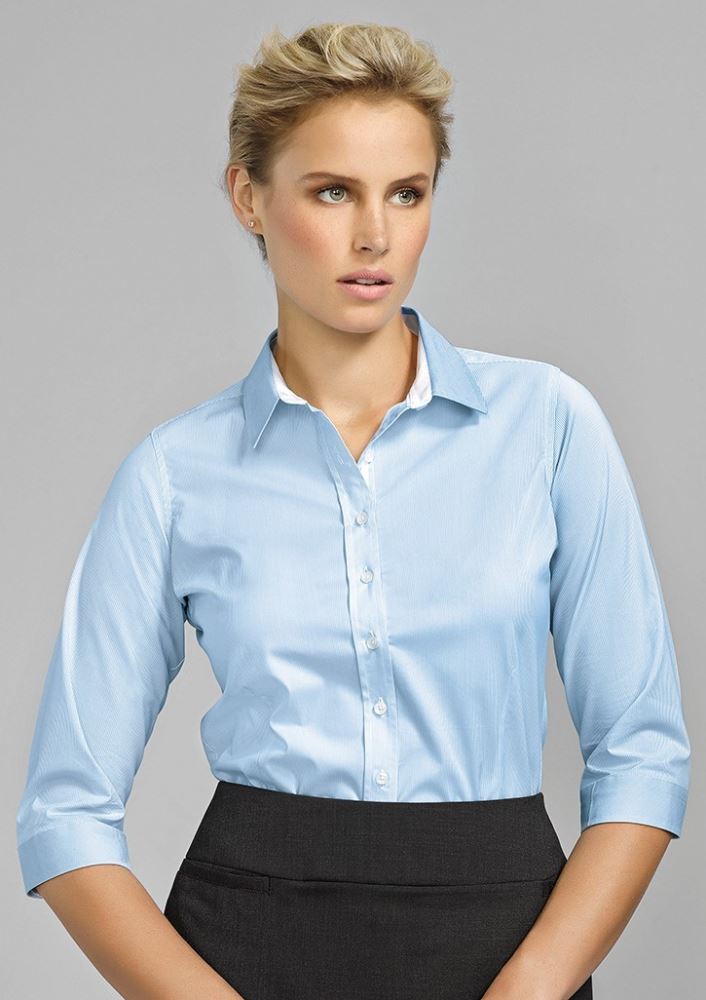 Fifth Avenue Ladies 3/4 Sleeve Shirt in Alaskan Blue with fine stripes, contrast collar trim, and soft stretch fabric.
