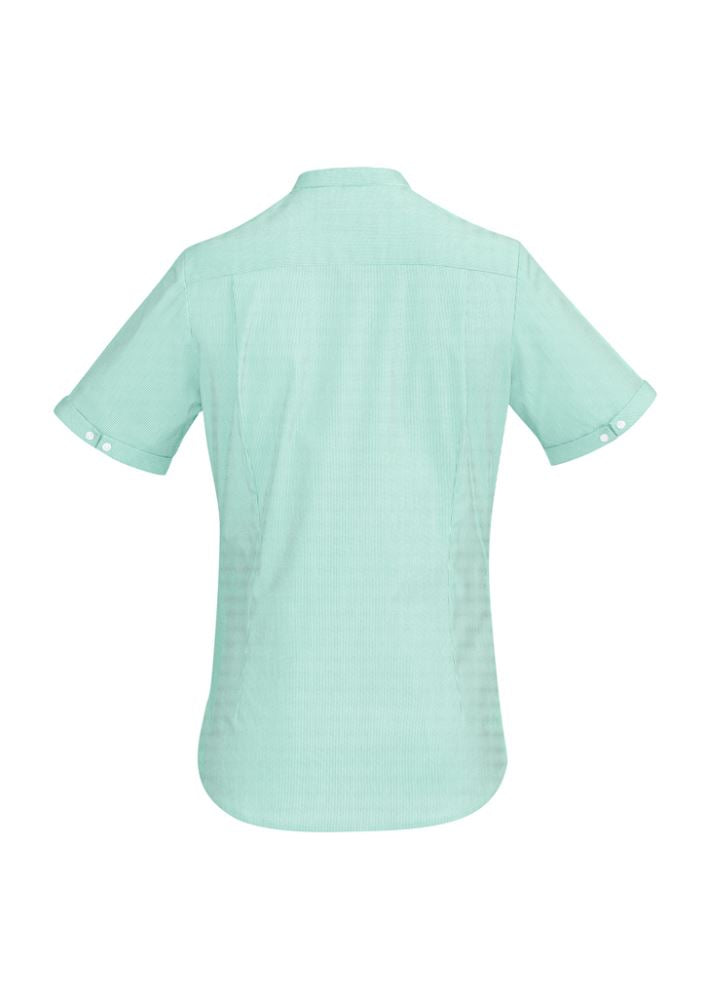 Bordeaux Ladies Short Sleeve Shirt in Dynasty Green, featuring a soft striped fabric, semi-fitted style, and comfortable stretch.
