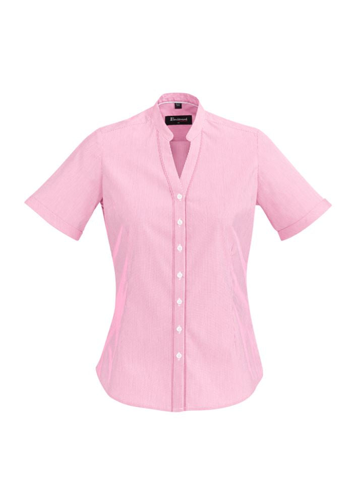 Melon short sleeve shirt for ladies, featuring yarn-dyed stripes, semi-fitted design, and soft stretch fabric for comfort.