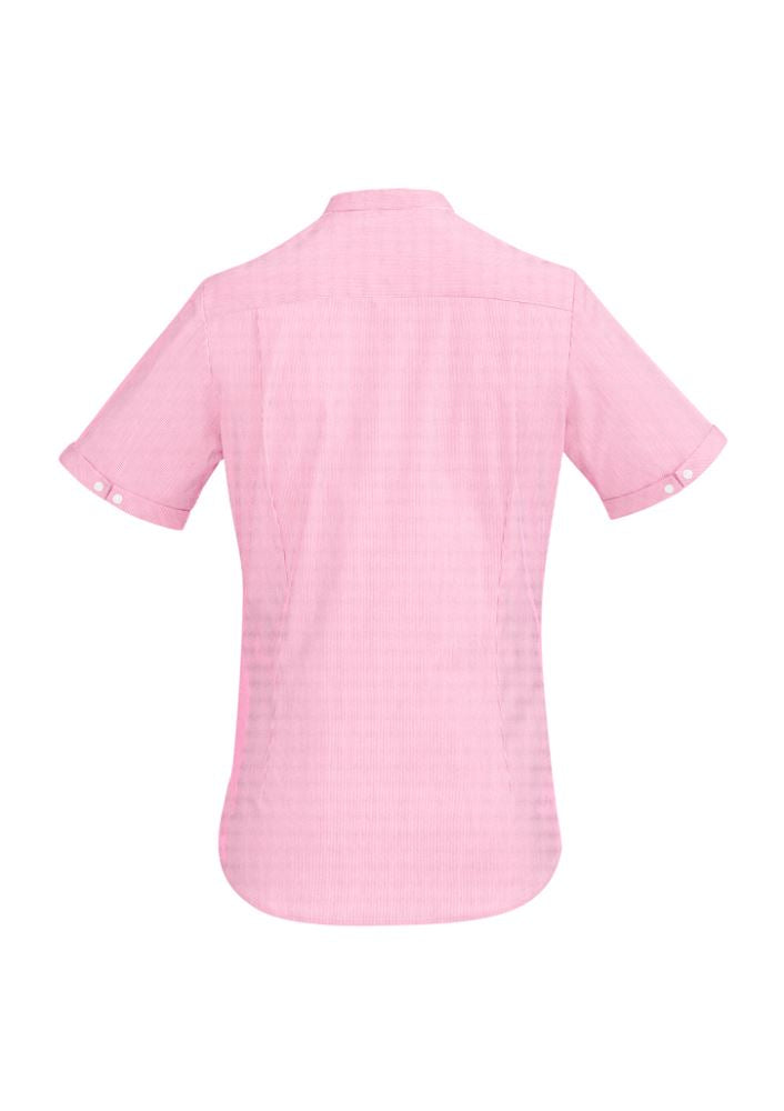 Stylish Bordeaux short sleeve shirt in melon, featuring fine stripes, open neck, and comfortable stretch fabric for a perfect fit.