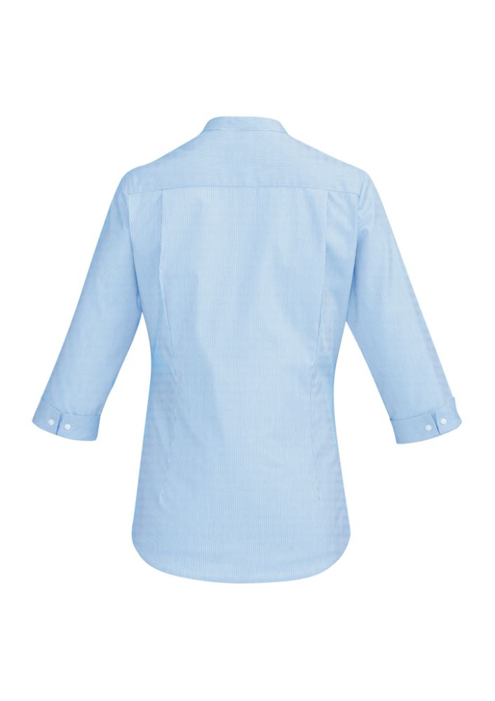 Elegant Alaskan Blue 3/4 sleeve ladies shirt with fine stripes, crafted from a soft cotton blend, designed for comfort and style.