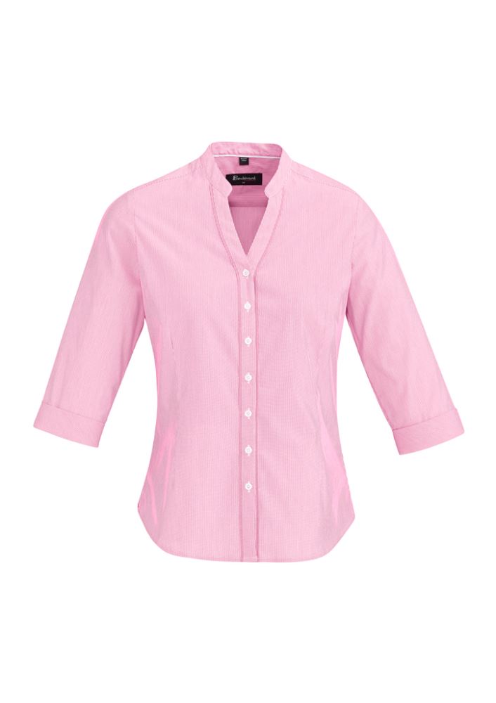 Bordeaux Ladies 3/4 Sleeve Shirt in Melon, featuring a semi-fitted style, soft cotton blend, and elegant open neck design.