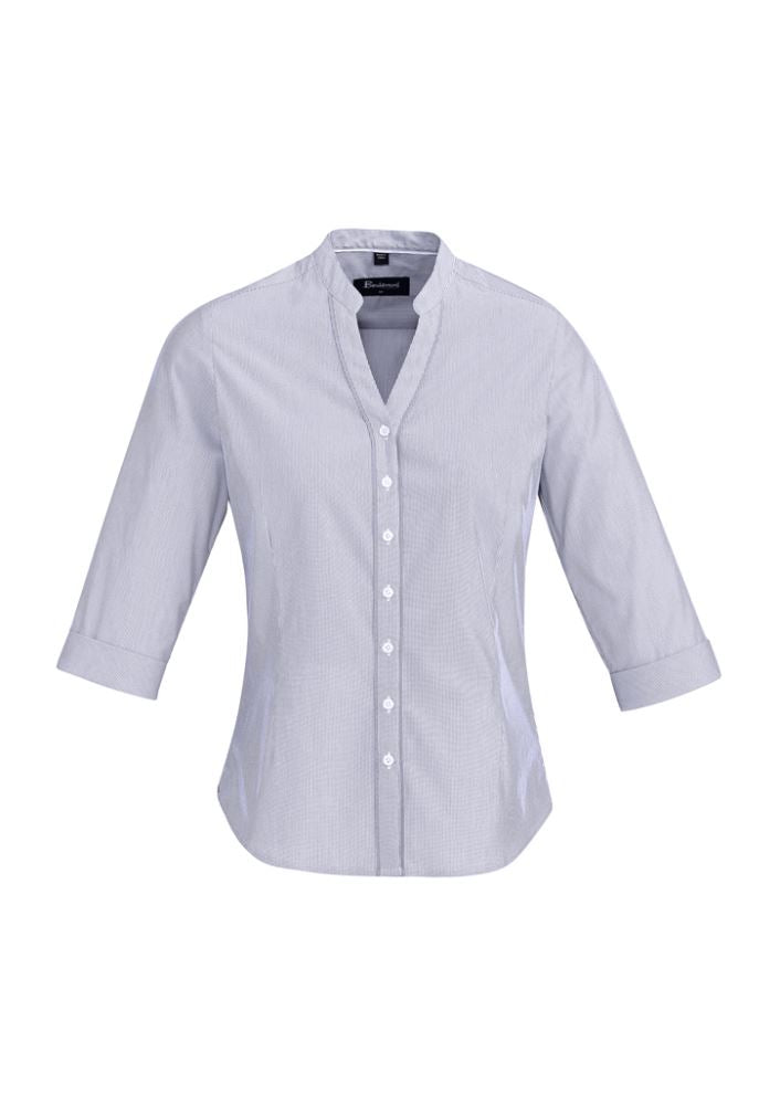 Bordeaux Ladies 3/4 Sleeve Shirt in Patriot Blue, featuring a soft, stretchy fabric and elegant open neck design.