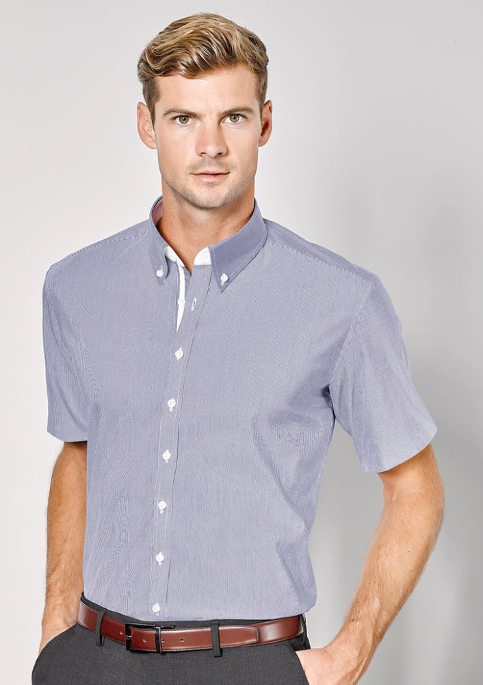 Patriot Blue short sleeve shirt for men, featuring breathable fabric, Euro-fit, and a convenient pocket from Biz Collection.