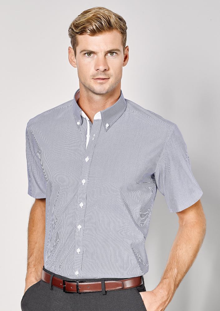 Fifth Avenue Men's Short Sleeve Shirt in Dynasty Green, featuring a modern fit, fine stripe pattern, and breathable stretch fabric.