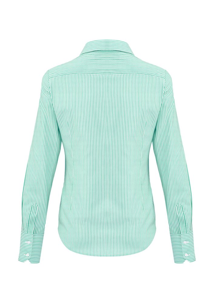 Vermont Ladies Long Sleeve Shirt in Dynasty Green with a stylish stripe pattern and semi-fitted open neck design.