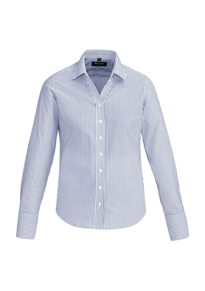 Vermont Ladies Long Sleeve Shirt in Patriot Blue, featuring a semi-fitted design, wide stripes, and stylish cuff fold-back.