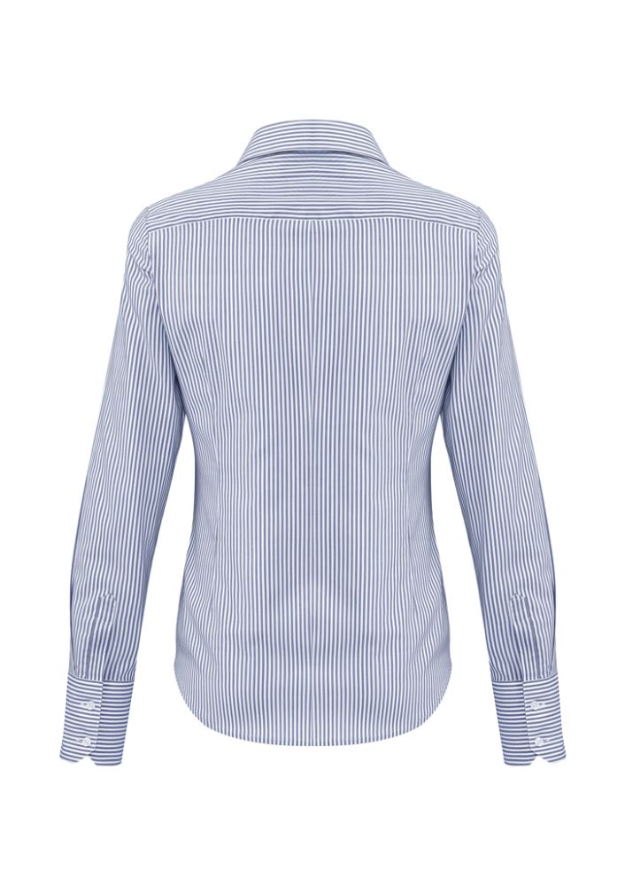 Patriot Blue Vermont Ladies Long Sleeve Shirt featuring yarn-dyed stripes, soft stretch fabric, and cuff fold-back detail.