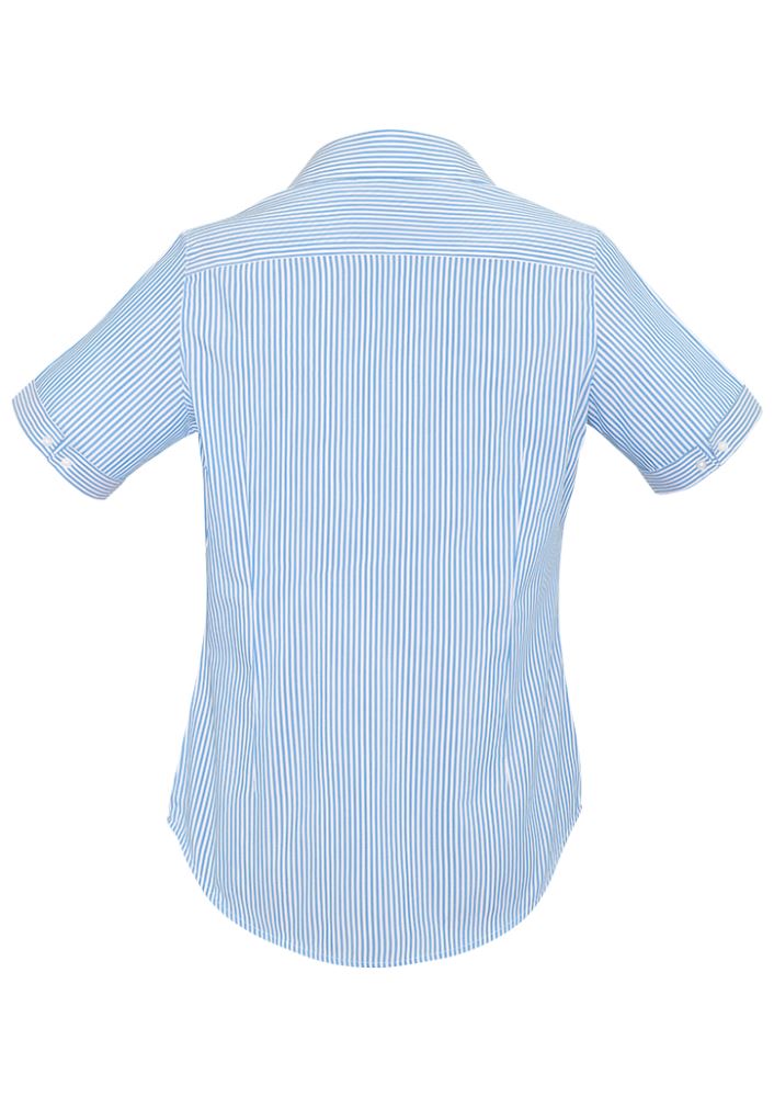 Vermont Ladies Short Sleeve Shirt in Alaskan Blue, featuring a comfortable fit, wide stripes, and elegant sleeve cuffs.