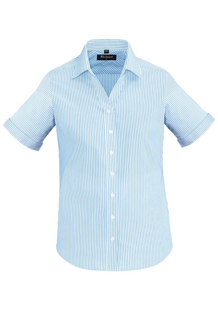 Vermont Ladies Short Sleeve Shirt in Alaskan Blue, featuring a striped design, soft stretch fabric, and a flattering semi-fitted cut.
