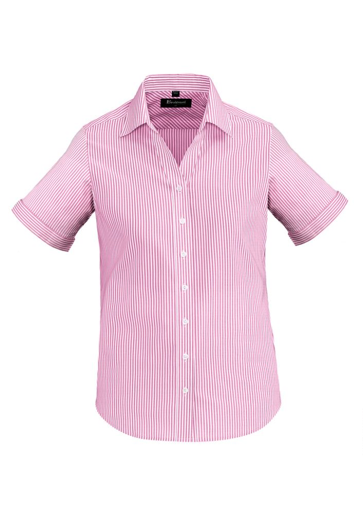 Melon-colored Vermont Ladies Short Sleeve Shirt featuring wide stripes, soft stretch cotton blend, and reverse trim sleeve cuffs.