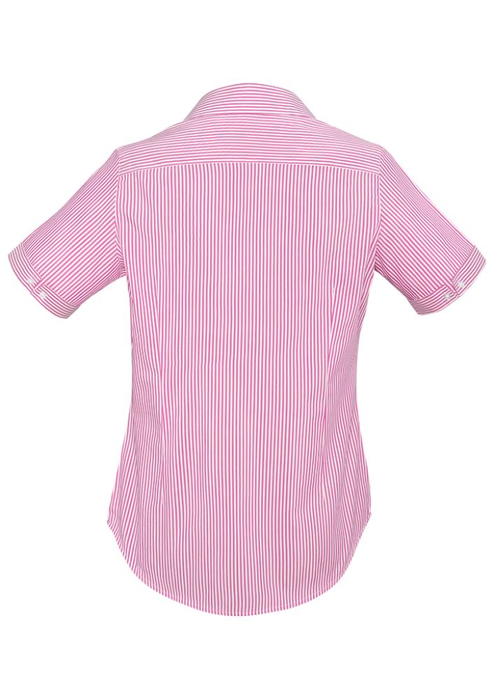 Vermont Ladies Short Sleeve Shirt in vibrant melon, size 8, featuring a stylish stripe pattern and comfortable cotton blend.