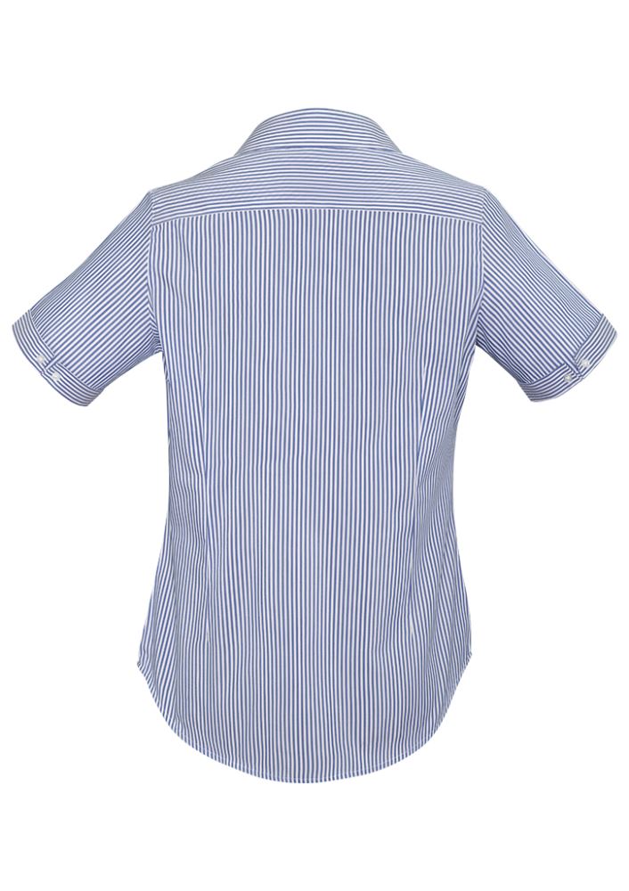 Patriot Blue Vermont Ladies Short Sleeve Shirt featuring a wide stripe design and comfortable cotton-poly blend for versatile styling.