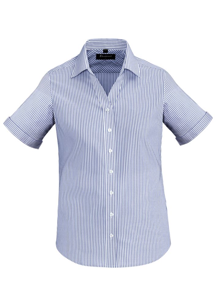 Vermont Ladies Short Sleeve Shirt in Patriot Blue, featuring a wide stripe design, soft stretch fabric, and semi-fitted silhouette.