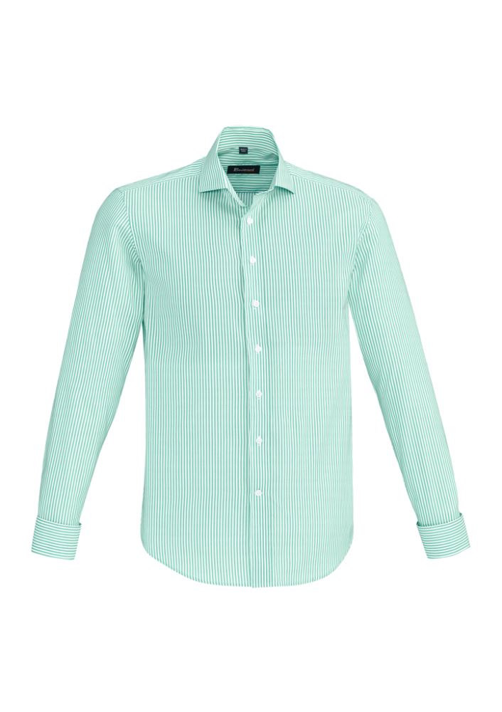 Vermont Men's Long Sleeve Shirt in Dynasty Green, featuring a yarn-dyed stripe, spread collar, and French cuff for smart style.