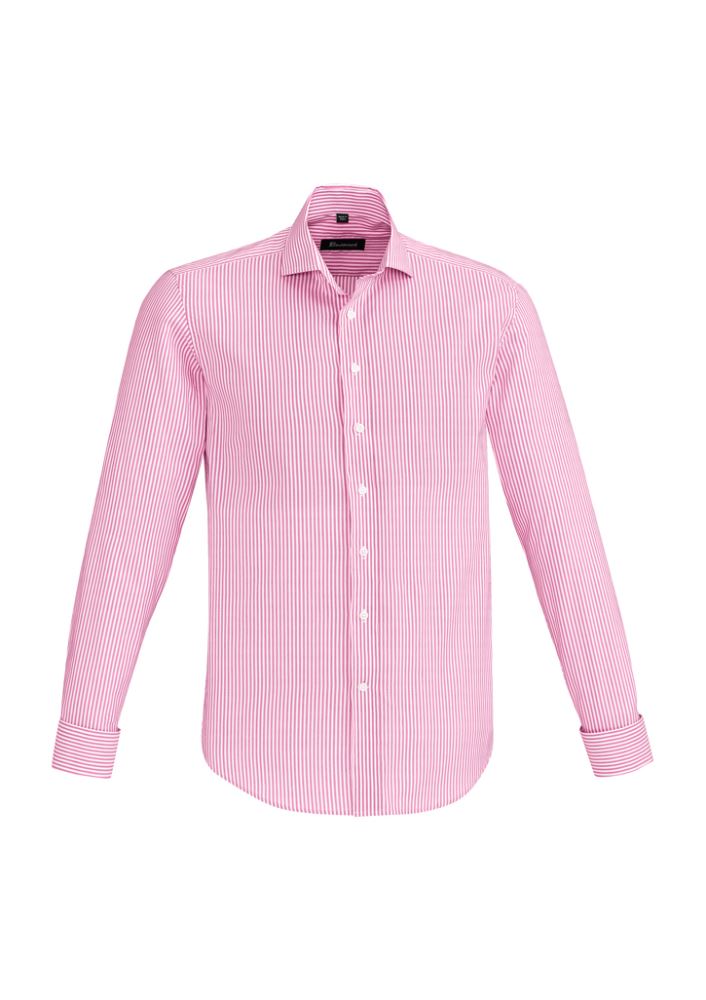 Vermont Men's Long Sleeve Shirt in Melon, featuring a Euro-fit, yarn-dyed stripes, spread collar, and French cuffs for stylish comfort.