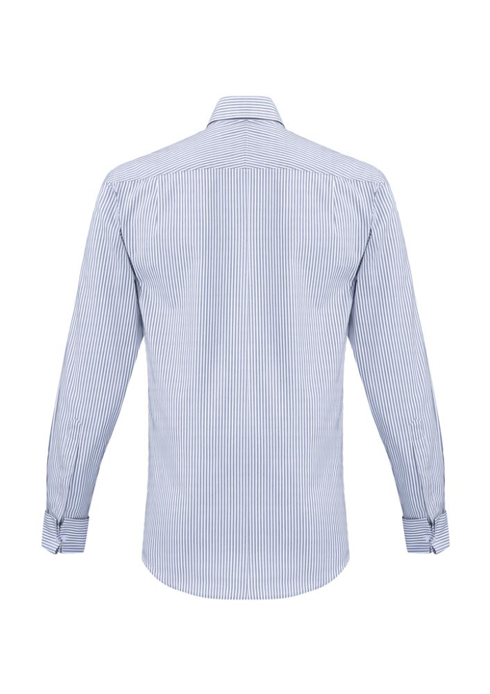 Vermont Men's Long Sleeve Shirt in Patriot Blue, 4XL, featuring a Euro-fit design, wide stripes, and French cuff details.