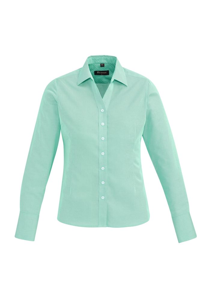 Hudson Ladies Long Sleeve Shirt in Dynasty Green, semi-fitted with a chic open neck and unique cuff fold-back feature.
