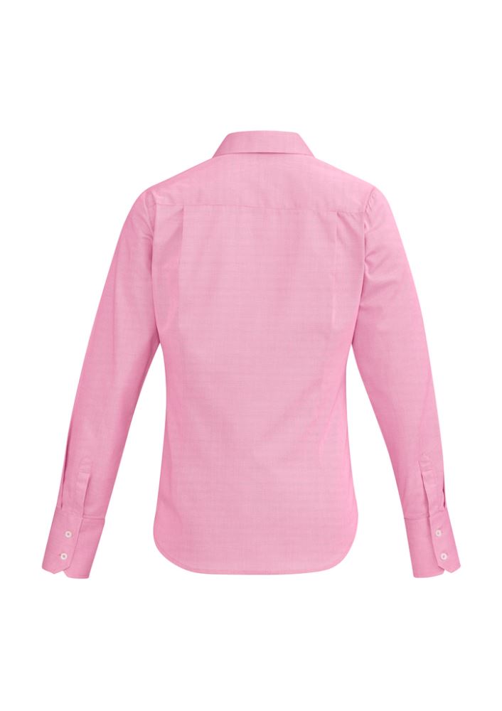 Stylish Hudson Ladies Long Sleeve Shirt in vibrant melon, featuring 100% cotton fabric and a semi-fitted open neck design.