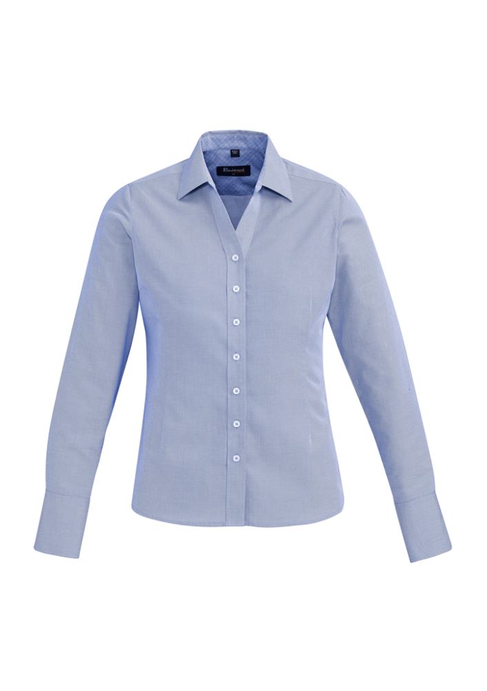 Hudson ladies long sleeve shirt in Patriot Blue, size 16, featuring cotton fabric, semi-fitted design, and stylish cuff details.