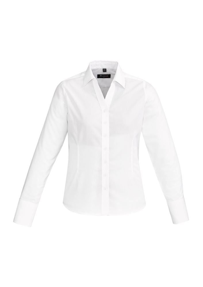 Crisp white Hudson ladies long sleeve shirt, semi-fitted with stylish cuff detail, perfect for casual or business wear.