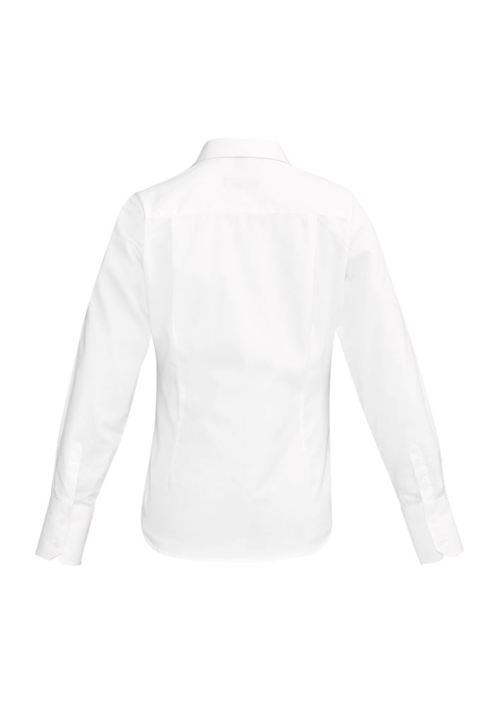 Hudson Ladies Long Sleeve Shirt in white, featuring soft cotton, textured fabric, and stylish cuff fold back detail.