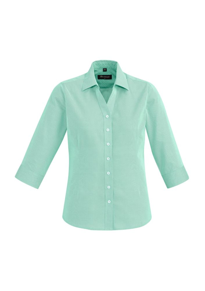 Hudson Ladies 3/4 Sleeve Shirt in Dynasty Green, featuring a semi-fitted design, open neck, and yarn-dyed dobby fabric.