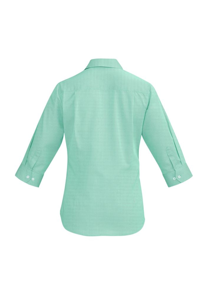 Hudson Ladies 3/4 Sleeve Shirt in Dynasty Green, featuring breathable cotton, chic open neck, and trendy cuff fold back design.