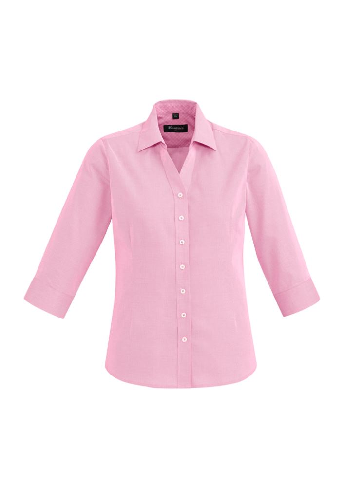 Vibrant melon 3/4 sleeve shirt for ladies, made from 100% cotton with a chic open neck and flattering semi-fitted design.
