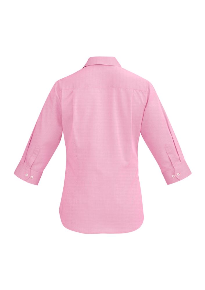 Melon-colored Hudson Ladies 3/4 Sleeve Shirt for comfort and style, featuring textured dobby fabric and contrast cuff details.