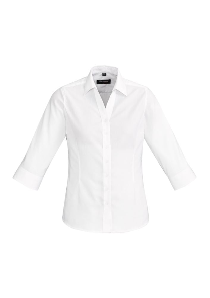 Hudson Ladies 3/4 Sleeve Shirt in white, featuring a semi-fitted design, stylish open neck, and unique yarn-dyed dobby fabric.