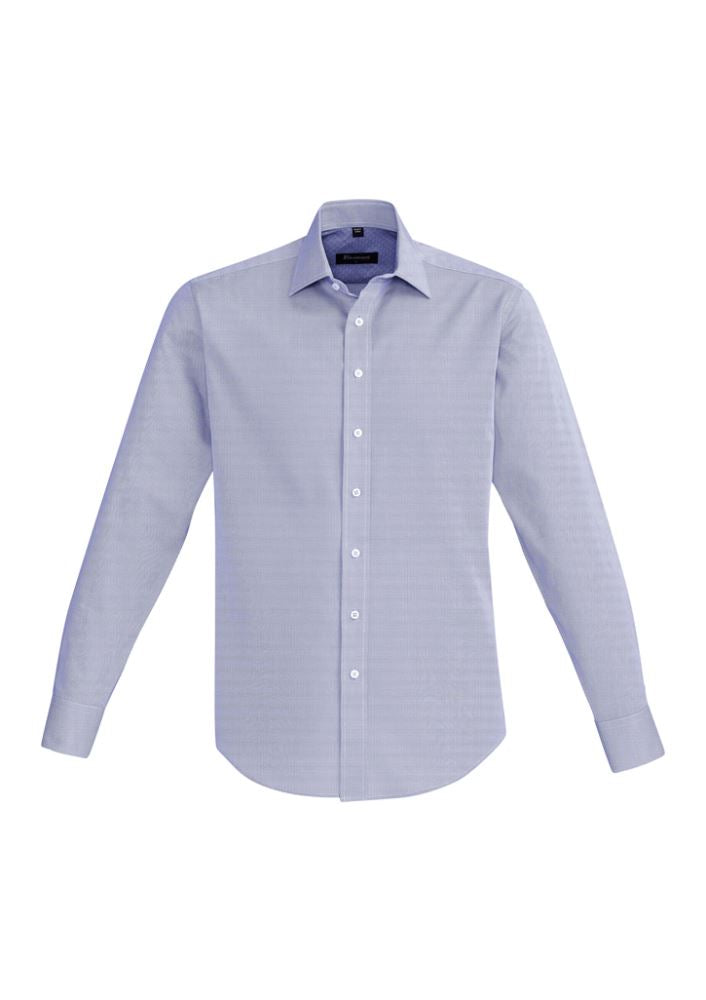 Hudson Men's Long Sleeve Shirt in Patriot Blue, featuring an executive fit, 100% cotton fabric, and a stylish front pocket.