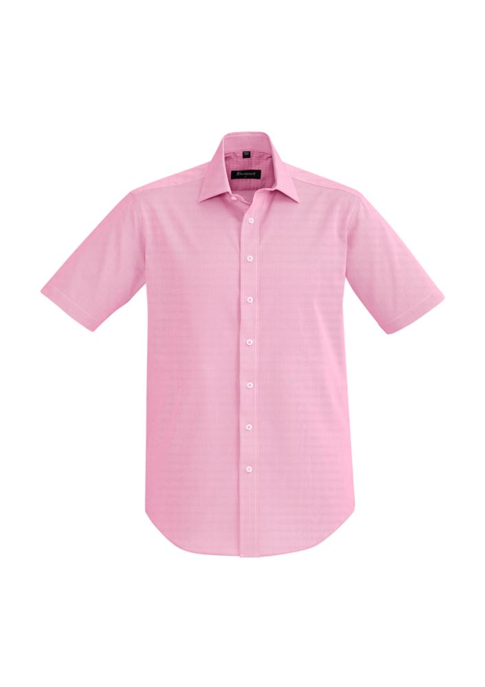 Men's short sleeve shirt in vibrant melon, made from breathable cotton, features an executive fit with textured dobby fabric.