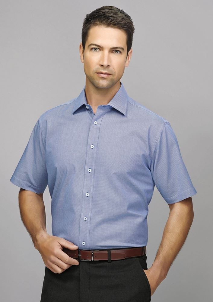 Hudson Men's Short Sleeve Shirt in Patriot Blue, crafted from premium cotton with an executive fit and breathable design.