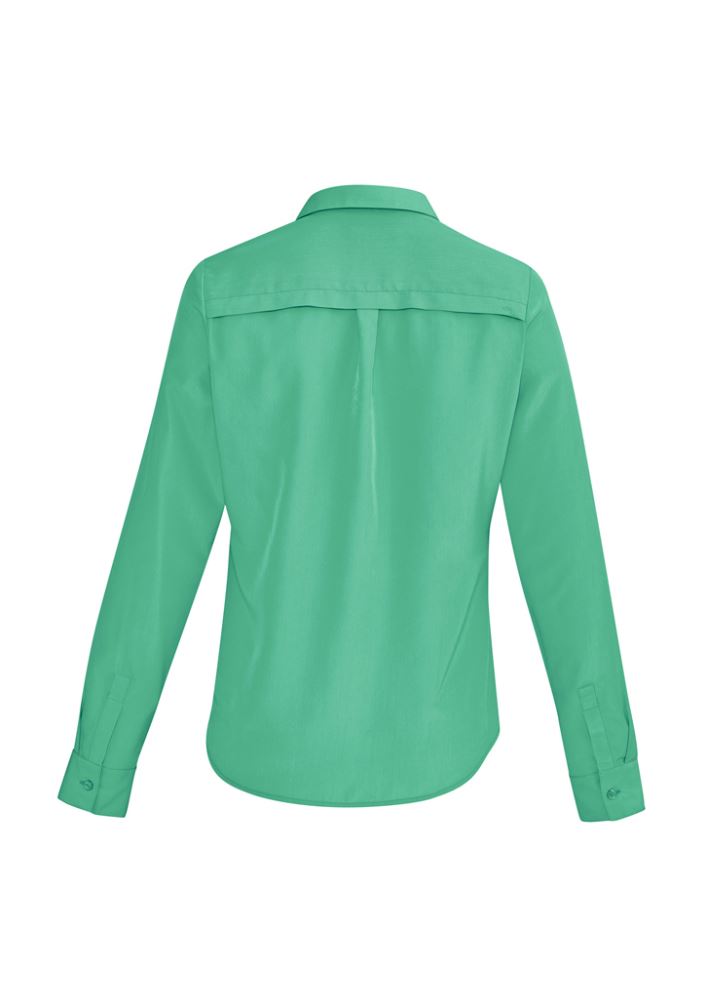 Solanda Ladies Long Sleeve Shirt in Dynasty Green, featuring a semi-fitted design, soft polyester fabric, and unique pleat details.