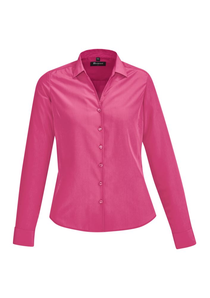 Solanda Ladies Long Sleeve Shirt in Melon, featuring soft touch polyester, semi-fitted design, and elegant pleats for comfort.