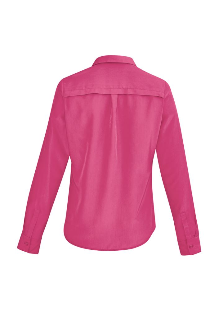 Solanda Ladies Long Sleeve Shirt in Melon, semi-fitted design with soft touch polyester, ideal for stylish work and casual wear.