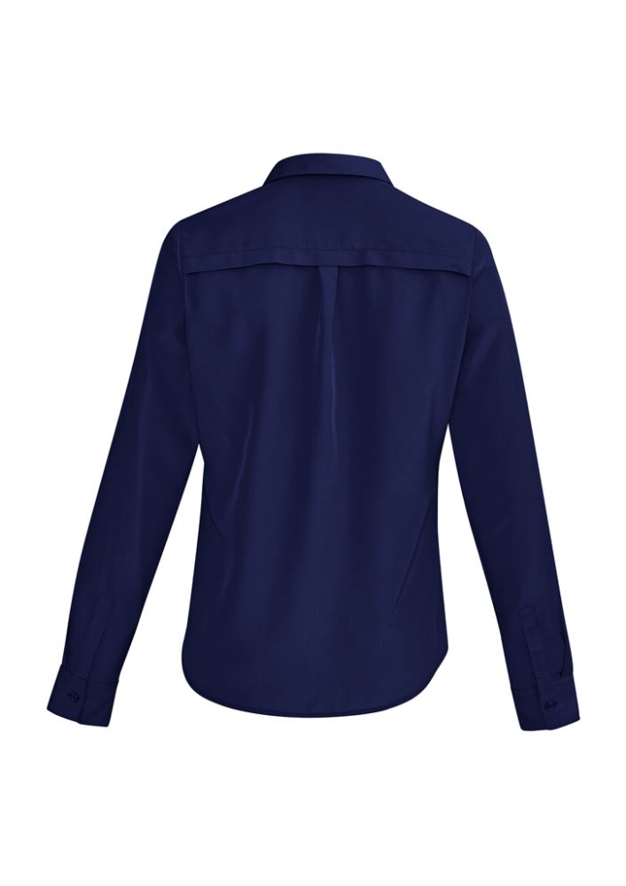 Solanda Ladies Long Sleeve Shirt in Patriot Blue, crafted from soft-touch polyester, featuring a stylish open neck and pleat details.