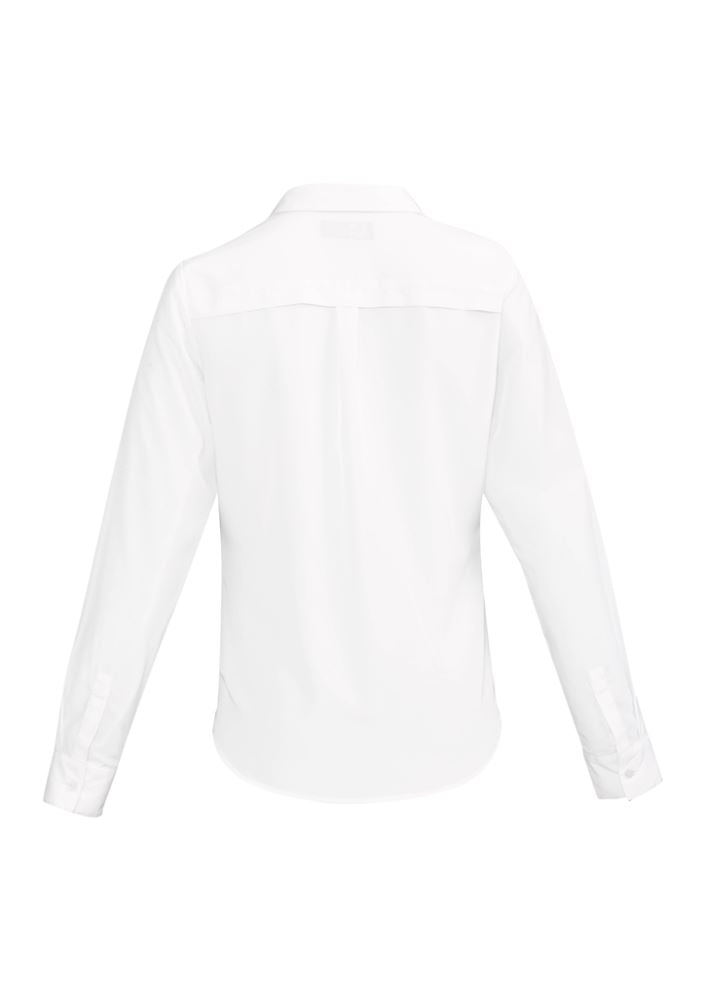 Solanda Ladies Long Sleeve Shirt in White, semi-fitted, soft polyester, ideal for office or casual wear, enhancing comfort and style.