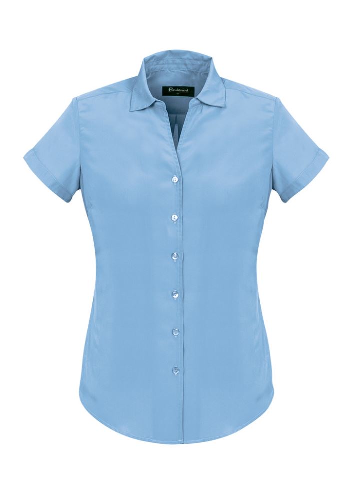 Alaskan Blue short sleeve shirt for women, featuring a semi-fitted design and soft touch polyester for comfort and style.