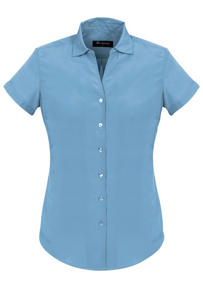 Solanda Ladies Alaskan Blue Short Sleeve Shirt, soft polyester, semi-fitted, perfect for casual and business looks.