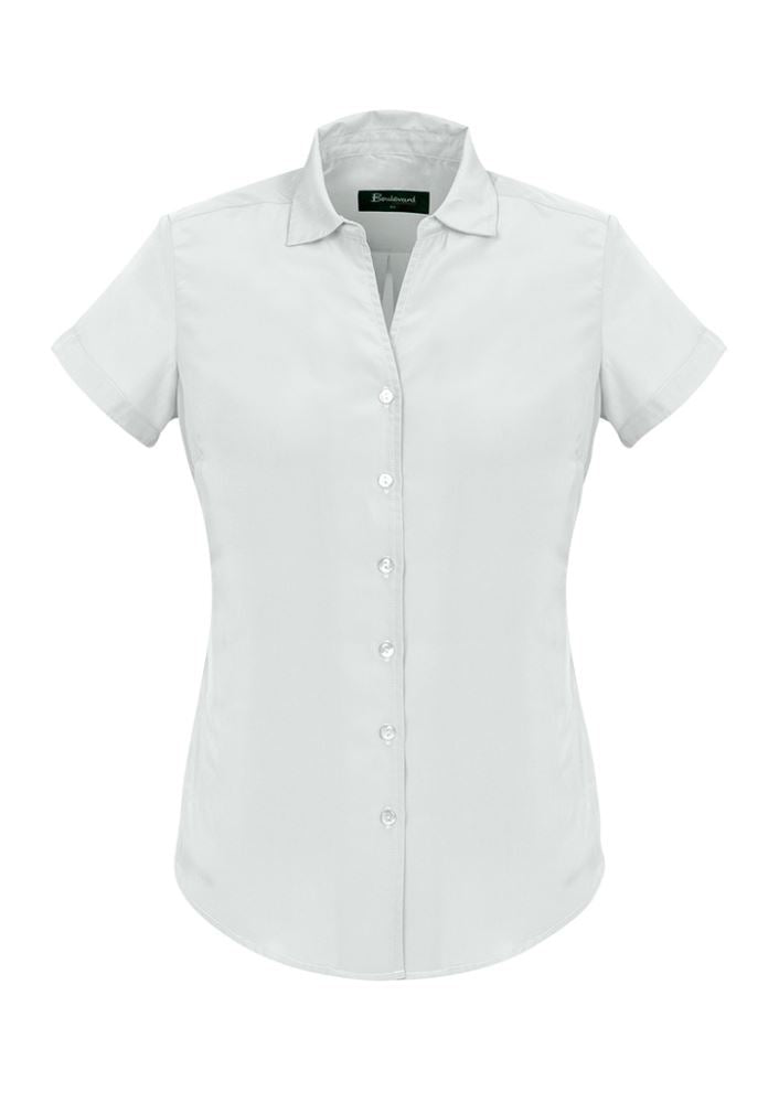 Elegant white short sleeve shirt for women, featuring soft touch polyester and a semi-fitted design for comfort and style.