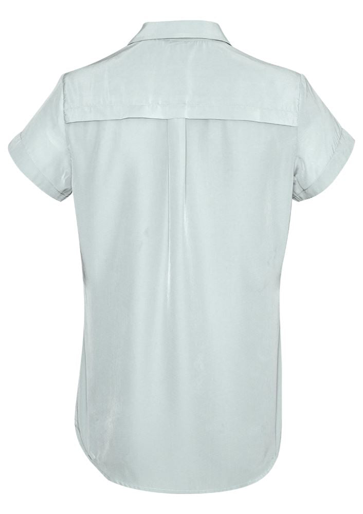 Elegant white short sleeve shirt with a semi-fitted design, soft touch polyester, and pleat details for enhanced mobility.