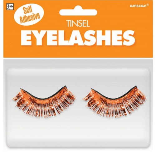 Vibrant orange tinsel eyelashes measuring 1/2" x 1", perfect for festivals, parties, and creative makeup looks.