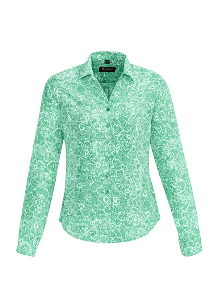 Solanda Ladies Print Long Sleeve Shirt in Dynasty Green, size 8, featuring soft touch polyester and a stylish open neck.