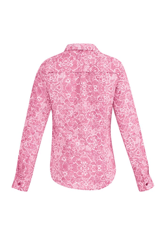 Melon print long sleeve shirt for women, semi-fitted with soft-touch polyester and flattering pleat details, ideal for any occasion.