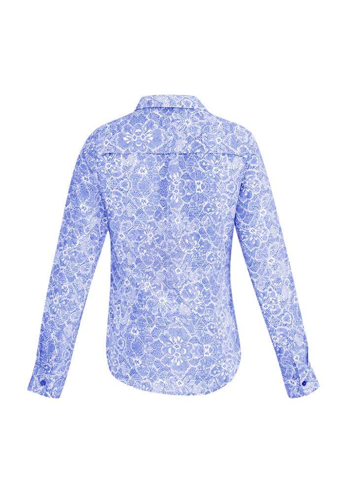 Solanda Ladies Long Sleeve Shirt in Patriot Blue, featuring a semi-fitted design and unique print for style and comfort.