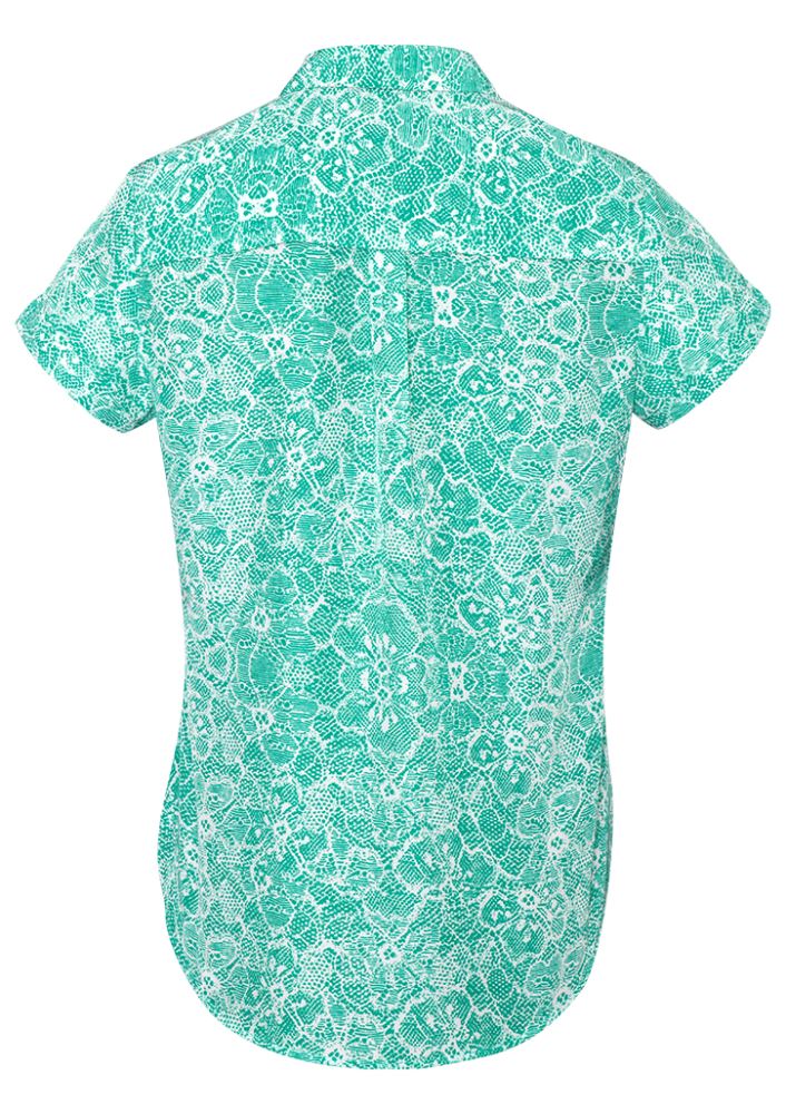 Ladies' short sleeve shirt in Dynasty Green, featuring soft polyester, a flattering fit, and unique pleat design for comfort.