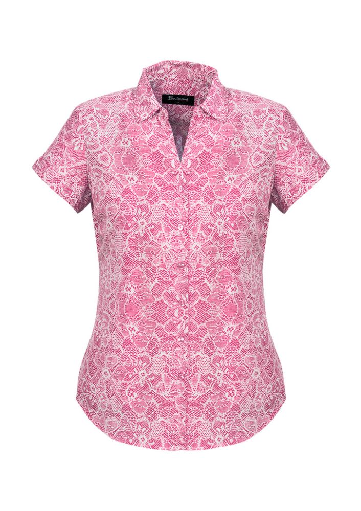 Solanda Ladies Print Short Sleeve Shirt in vibrant melon, featuring a semi-fitted cut and soft touch polyester for comfort.