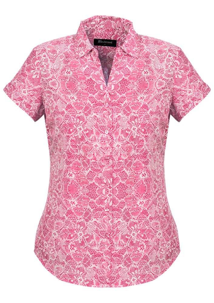 Vibrant melon short sleeve shirt for women, crafted from soft-touch polyester with a semi-fitted style and chic print details.